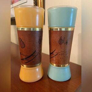 VINTAGE MCM SIESTA WARE TIKI BAR FROSTED GLASS SET 2 WOOD WRAP 60s Aqua & Mango